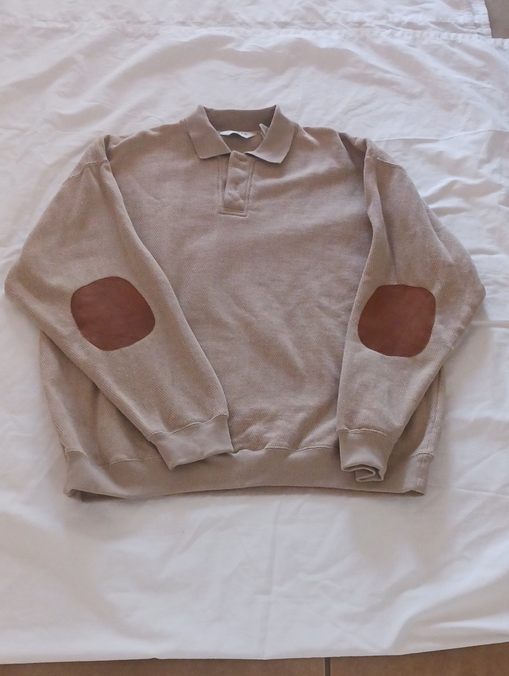 Orvis Beige Crewneck Polo Sweater with Brown Elbow Patches